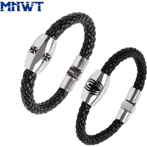 MNWT New Black Leather Bracelets Men Punk Style Stainless Steel Fashion Casual Bracelet Male Jewelry Gift