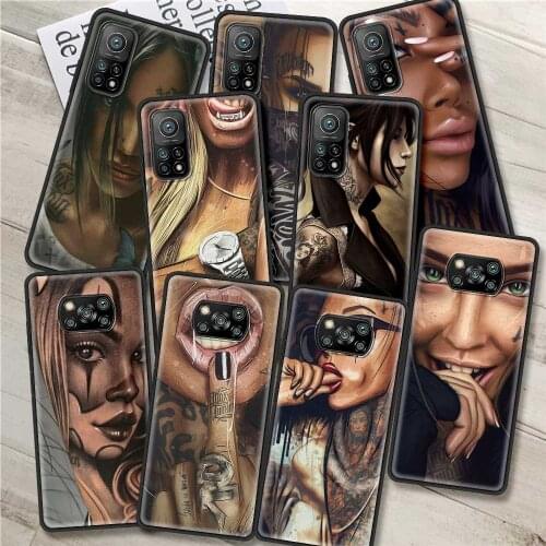 Shockproof Case for Xiaomi Mi Poco X3 NFC 10T Pro 9T M3 Note 10 Lite F3 11 F1 CC9 A2 9 Soft Phone Cover Cool Tattoo Girl Shell