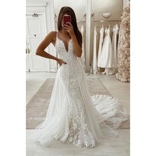 Mermaid Wedding Bridal Dress Detachable Overskirt Plus Size V Neck Backless Fit and Flare Bride 2020 Vestido De Noiva #9179