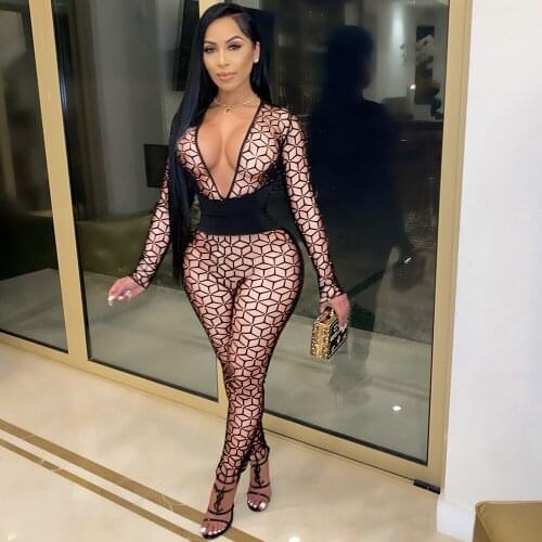 Sexy Deep V Neck Jumpsuit Women Color Block Patchwork One Piece Romper Female Night Club Celebrity Party Clubwear Plus Size