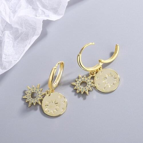 Sun Design S925 Stamp Gold Color Shiny Inlaid Micro Cubic Zircon Star Hoop Earrings Ear Jewelry for Women Party