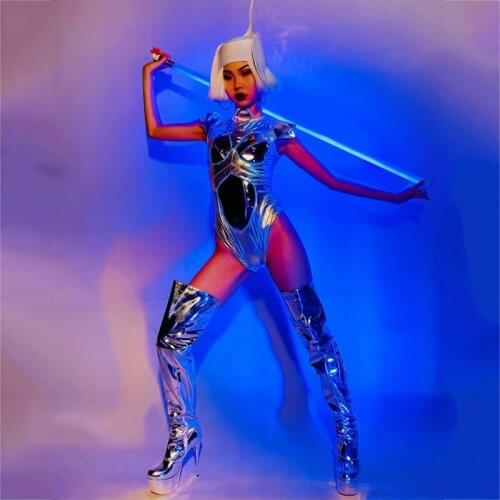 Sexy Technology Sense Silver Interstellar Bodysuit Headwer Pole Dance Clothing Gogo Costume Nightclub Bar Dj Stage Outfit XS2452