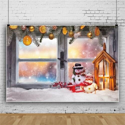 Vinyl Wood Background For Photography Winter Windowsill Snowman Lantern Ball Wreath Pine Party Kid Portrait Photography Backdrop