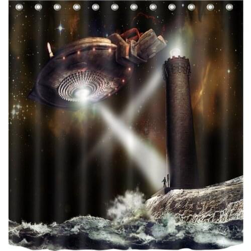72'' Bathroom Waterproof Fabric Shower Curtain 12 Hooks Sight Blocking Bath Accessory Sets A UFO Above A Lighthouse And Sea Wave