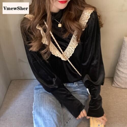 VmewSher New Lace Ruffle Patchwork Women Velour Blouse Elegant Vintage Long Sleeve Mock Collar Shirt 2020 Autumn Winter Chic Top