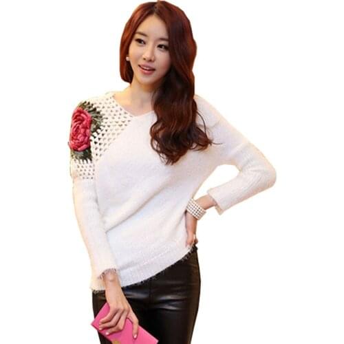 Sweaters 2019 Women Fashion European American Temperament Goddess Fan Openwork Crochet Fluffy Colored Roses Irregular Pullovers