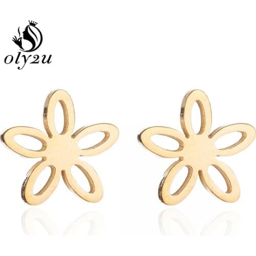 Oly2u Gold Flower Earrings Stainless Steel Earrings for Women Hollow Flower Studs Earring Brincos boucle d'oreille femme bijoux