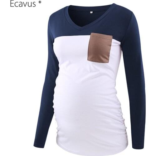Womens Maternity Tops Pregnant Patchwork Long Sleeve Side Ruched V Neck Casual Pregnancy T-Shirt With Pocket Maternity Clothes
