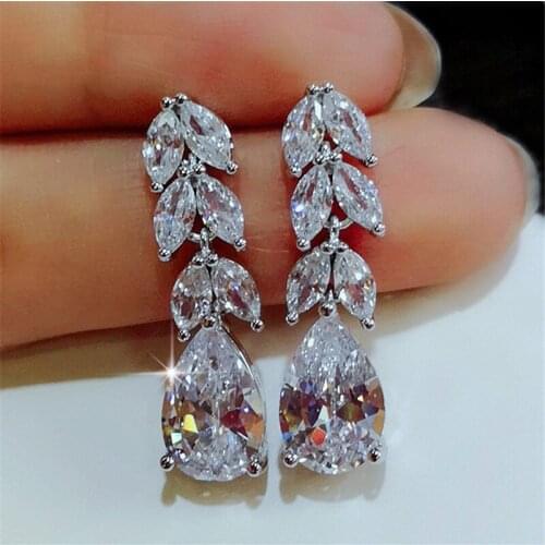 ORZTOON Vintage Silver Color Zircon Short Leaf Dangle Earrings For Women Fashion Pear Charm Earring Trendy Wedding Jewelry 2021