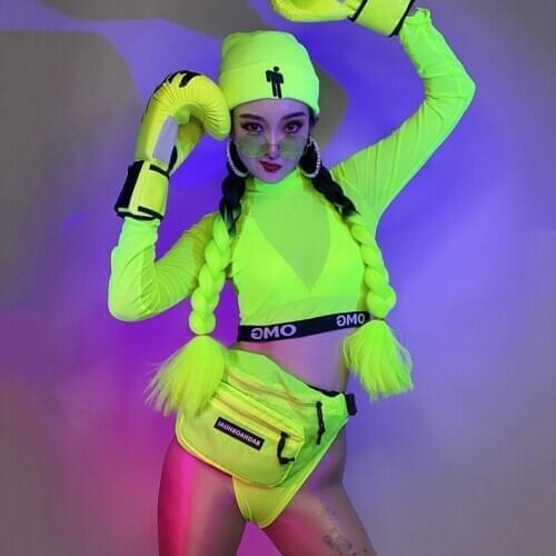 Female Fluorescent Green Mesh See-Through Long-Sleeved Tops Sexy Bikini Nightclub Ds Stage Costume Bar Pole Dancewear DNV13671