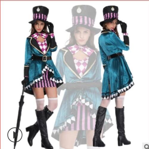Alice in Wonderland women Cosplay Costume mad hatter adult Outfit Dress Mr Rabbit Halloween party Carnival magician Trainer