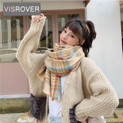 VISROVER Warm Color Checked Winter Scarf For Women Fashion Female Shawl Cashmere Handfeeling Winter Wraps Warm Yellow Hijab Gift