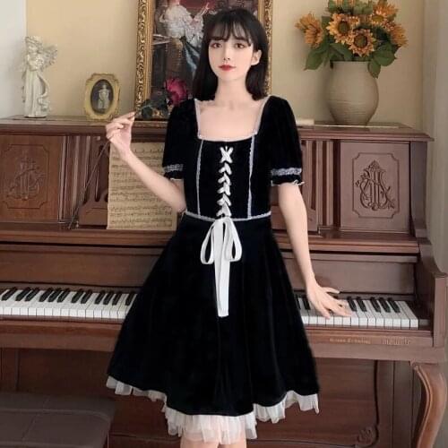 Puff Sleeve Clothes Plus Size Lolita Sweet Women Clothing Bandage Dress Celebrity Dresses Black Lace Patchwork Slim Waist Party