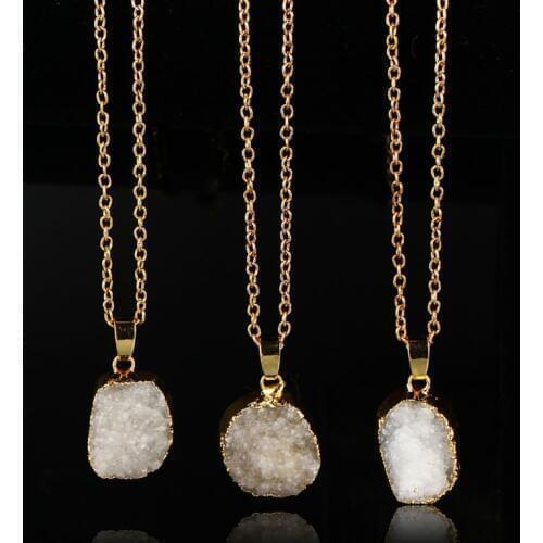 2019 White Irregular Raw Natural Stone Pendant Necklace Real Druzy Rough Women Jewelry Gold Chain Necklaces