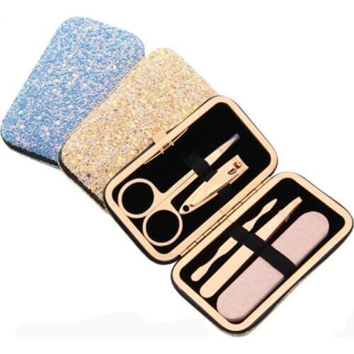 5 in 1 Glitter Cover Travel Manicure Pedicure Set Kit Tool For Women Men Girl Boy Holiday Birthday Christmas Gift Present