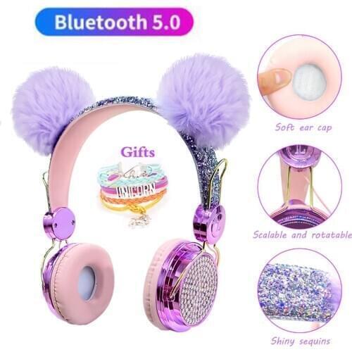 Bling Girl Kid Bluetooth Wireless Headphone With Microphone Luxury Glitter Cute Hairball Music Helmet Wired Phone Headset Gift