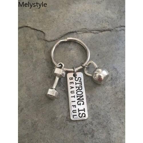 2019 Barbell Keychain Gym keep fitness Sport Kettle Bell Strong Is Beautiful Charm body building Key Ring For Men Women