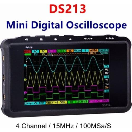 DS213 Digital Oscilloscope LCD Display 4 Channel 15MHz 100MSa/S Oscilloscope DC/AC Voltage Portable Handheld Store Waveform Data