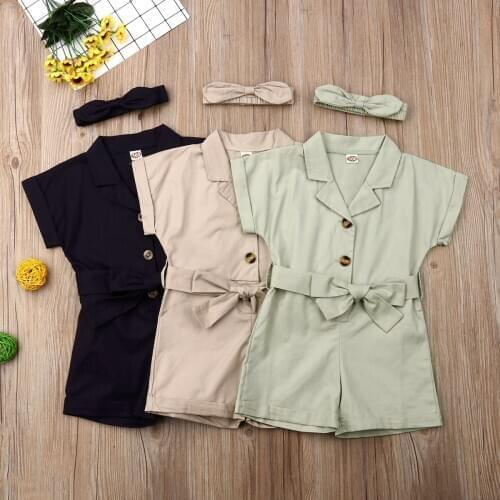 2019 Infant Toddler Kids Baby Girls Romper Summer Short Sleeve Solid Belt Jumpsuit Playsuit Outfit Clothing