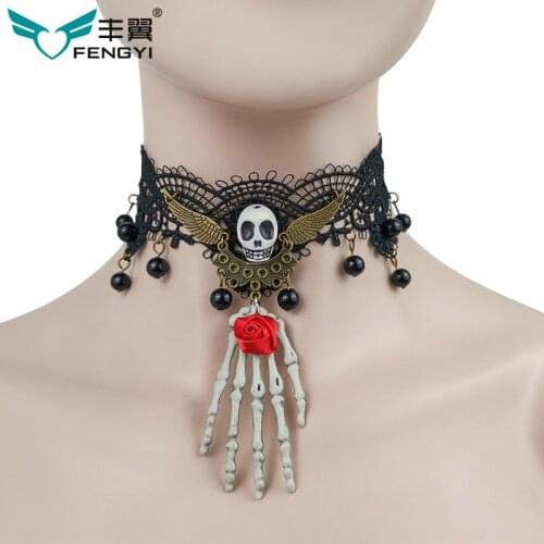 Jouval Vintage Skull Ghost Hand Gothic Choker Collar Beads Wing Black Lace Necklace For Women Mexican Halloween Fashion Jewelry