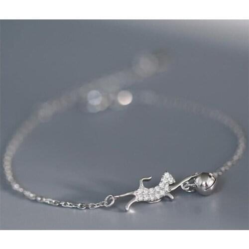 Season Gate 925 Sterling Silver Wholesale Fashion Cute Flash Diamond Cat Bell Adjustable Size Open Bracelets for Women SB018