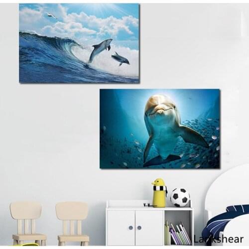 Cartoon Dolphin Animal Canvas Painting Wave Seascape Poster Print Nordic Scandinavian Art Wall Picture For Nursery Kid Room