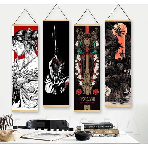 Wall Art Nordic Style Japan Geisha Girl Sword Modern Painting Solid Wood Hanging Scroll Canvas Printed Picture Poster Home Decor