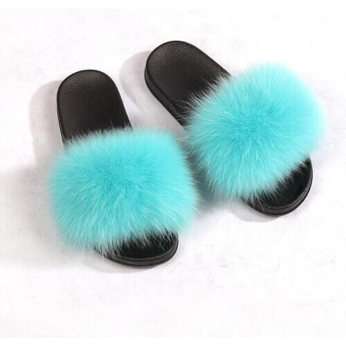Autumn Womens Casual Fur Slippers Ladies Indoor Flat Non-Slip Fox Fur Sandals Woman Raccoon Multi-color Fur Slides