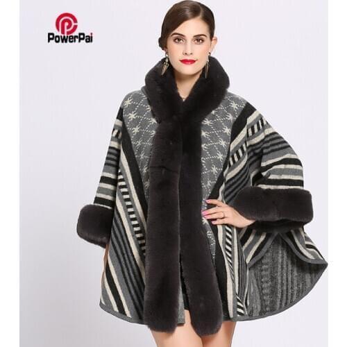 Fashion Stripes Jacquard Soft Faux Fur Cape Hooded Coat Shawl Women Bat sleeve Warm Wool Cloak Cap Outwear Fall Winter New