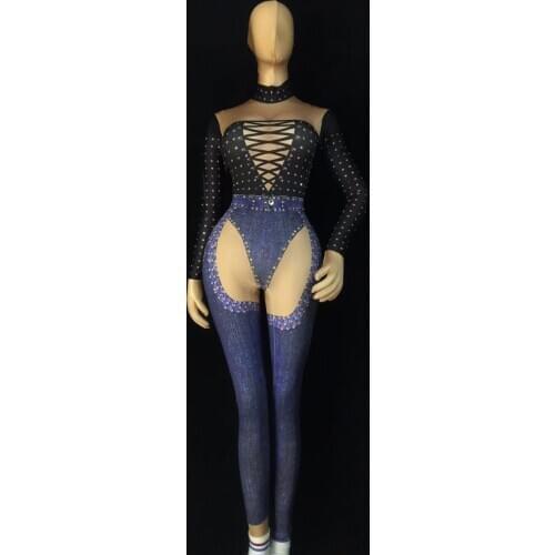 Sexy Jeans Printed Jumpsuit Photo Shoot Outfit Stage Dance Stretch Bodysuit One-piece Costume Female Singer Performance Leggings