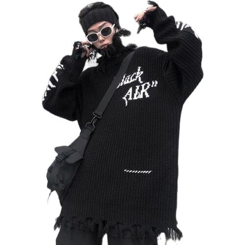 2021 Ripped Hole Punk Turtleneck Sweater Mens Harajuku Vintage Pullover Women Embroidery Hip Hop Goth Knitted Sweater Jerseys