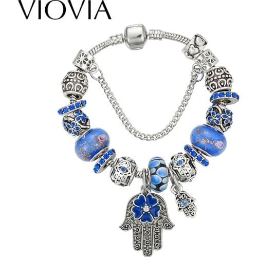 VIOVIA 2019 Blue Hamsa Charm Bracelets For Women Bracciali Donna Luxury Crystal Beads Evil Eye Bracelets Bangles Pulseras B16151