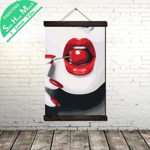 Cherries Red Lips Scroll Painting Canvas Vintage Poster and Prints Wall Art Picture Living Room Bedroom Farmhouse Decoration