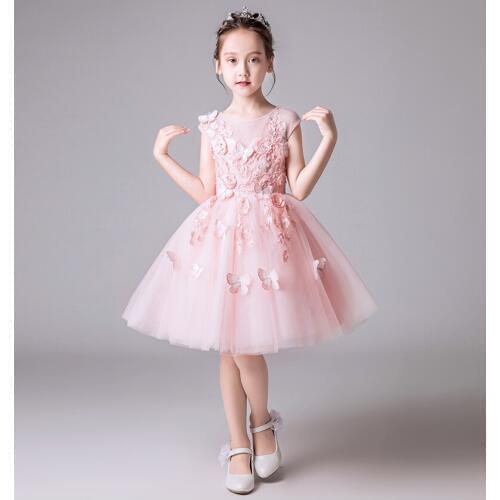 High-end Girl Wedding Party Flower Girl Dress Beaded Appliques Pink Tulle Princess Pageant Gowns Girl First Communion Dresses