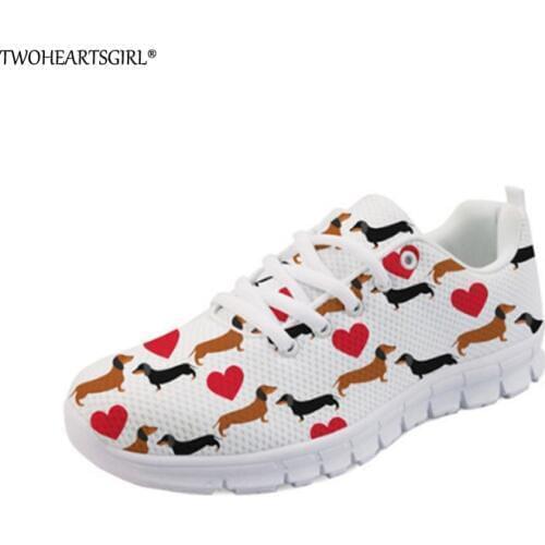 Twoheartsgirl Cute Printed Dachshund Dog Sneakers Casual Womens Flat Walking Shoes Breathable Ladies Spring Summer Mesh Shoes