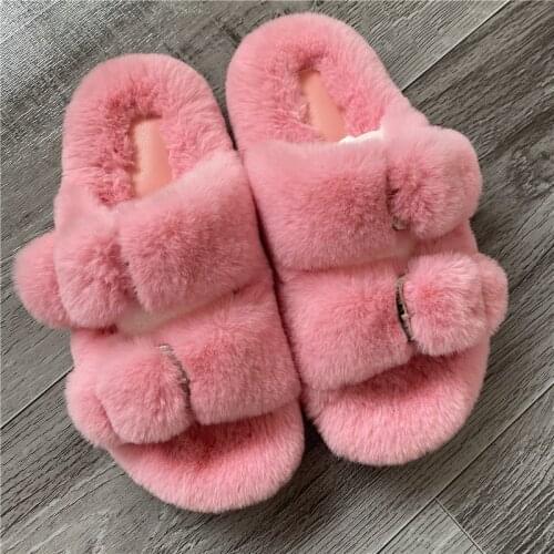 Womens Slippers 2021 New High Imitation Mink Hair Slipers Double Breasted Casual Flat Bottomed Soft Sole Shoes