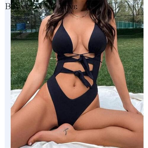 Women Solid V-Neck Strappy Skinny Cut-out One-piece Swimwear
