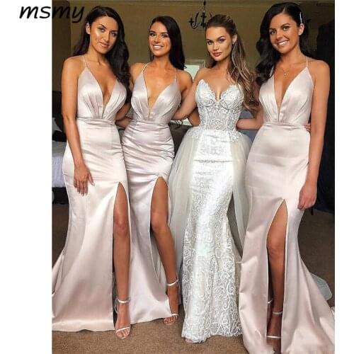 Country Bridesmaids Dresses Sheath Mermaid Split V Neck Straps Long Maid of Honor Gowns