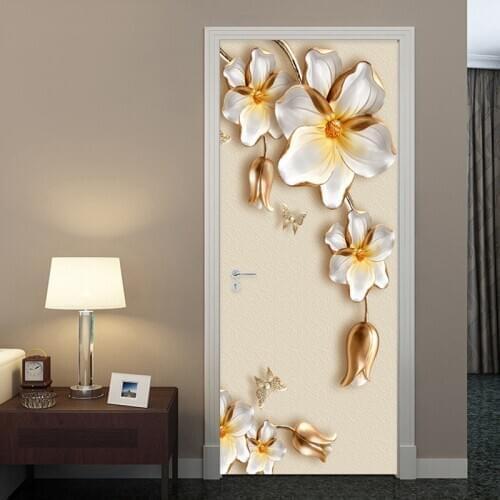 3D Door Sticker European Style Luxury Golden Flowers Mural Wallpaper Living Room Bedroom 3D Door Poster Self-Adhesive Waterproof