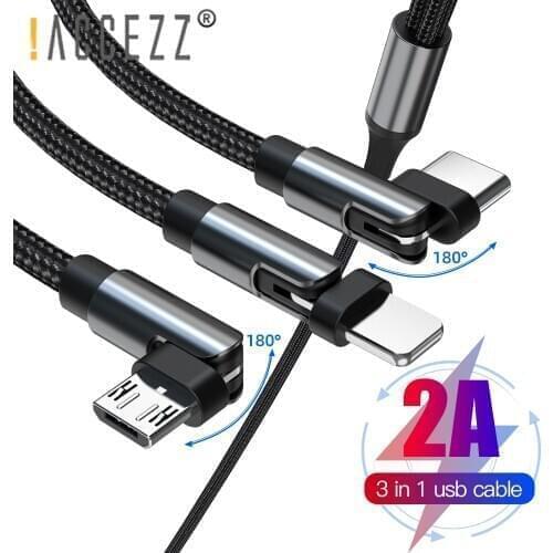 !ACCEZZ 3 in 1 Rotate USB Cable Fast Charging Micro USB Type C For iPhone 12 11 Samsung 180 Degree Android Mobile Phone Charger