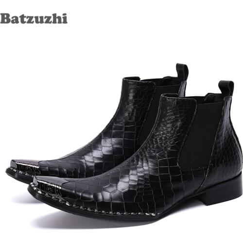 Batzuzhi Fashion Men Boots Pointed Metal Tip Zip Black Genuine Leather Boots Men Bota Masculina Party Business Botas Militares