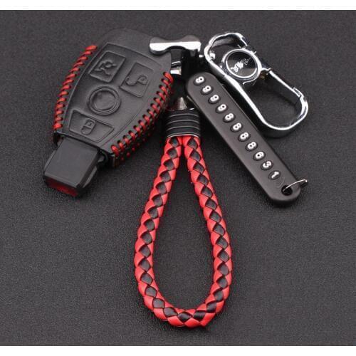 Leather Key Case For Car 4 Buttons Car Key Cover For Mercedes Benz Glc/gla/e200/e300/gle With Keychain And Phone Number Card