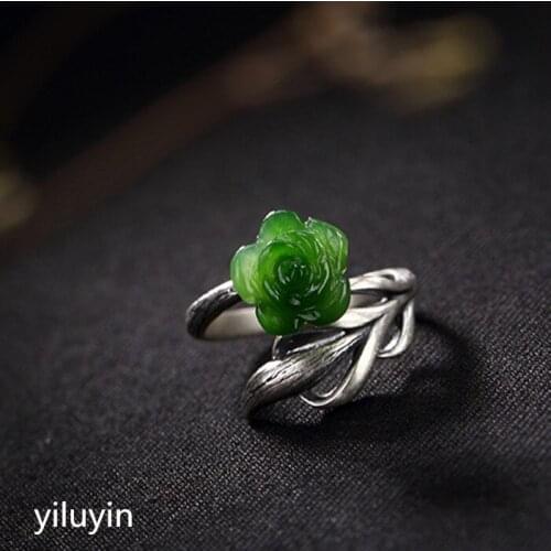 KJJEAXCMY boutique jewelryS925 Sterling Silver Antique inlaid and jade Jasmine Rose Lady ring ring