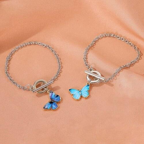 Romantic Enamel Colorful Gradient Butterfly Pendant Women Jewelry Set Chic Chain Necklace Braclet For Summer Girl Gift