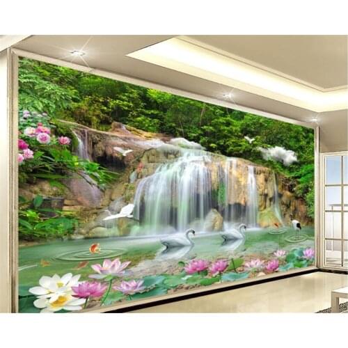 Beibehang wall paper mural 3d Ultra - high natural waterfall swan lotus crane scenery painting home decoration wallpaper behang