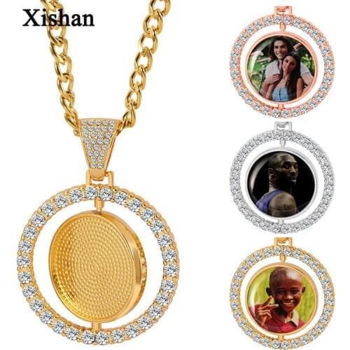 Custom Made Photo Round Rotatable Pendant Necklace 60cm Cuban Chain Iced Out Cubic Zircon Men Hip Hop Jewelry Gift