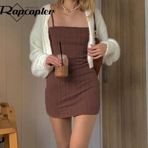 Rapcopter Hook Knitted Mini Dress Spaghetti Strap Short Dress Backless Vintage Korean Style Sundress Women Party Short Bodycon