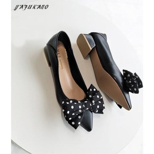 Fashion Pointed Toe Thick Heel High Heels Wave Point Bow-Knot Low Heel Work Shoe Black Soft PU Female Pumps Elegant Party Shoes
