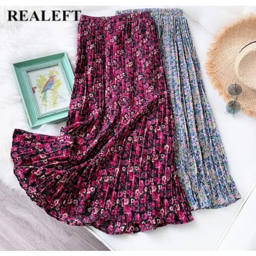 REALEFT Spring Summer New 2021 Elegant Floral Leopard Print Tulle Mi-long Pleated Skirts Womens High Waist Loose Skirt Female