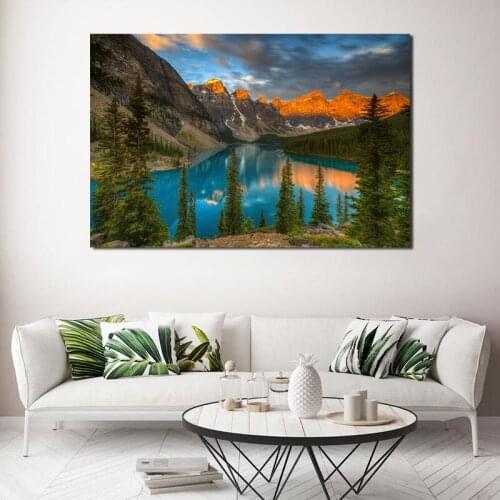Sunset Mountain Forest Moraine Lake Art Canvas Poster Painting Oil Wall Picture Print Modern Home Bedroom Decoration Accessories